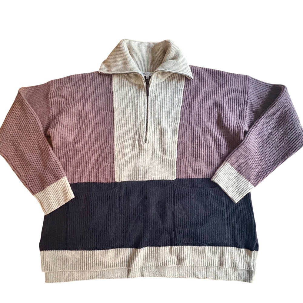 $98 MADEWELL Glenbrook‎ Merino Wool Colorblock Sweater SMALL Navy Lavender Cream